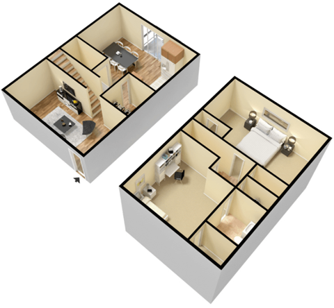 Floor plan for 2 beds, 1 bath, 950 sqft